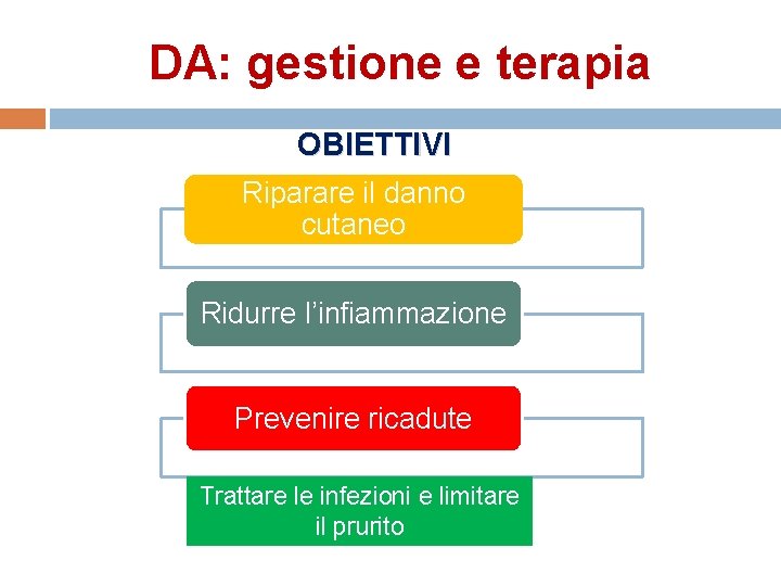 DA: gestione e terapia OBIETTIVI Riparare il danno cutaneo Ridurre l’infiammazione Prevenire ricadute Trattare