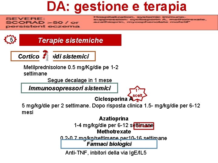 DA: gestione e terapia 5 Terapie sistemiche Corticosteroidi sistemici Metilprednisolone 0. 5 mg/Kg/die pe