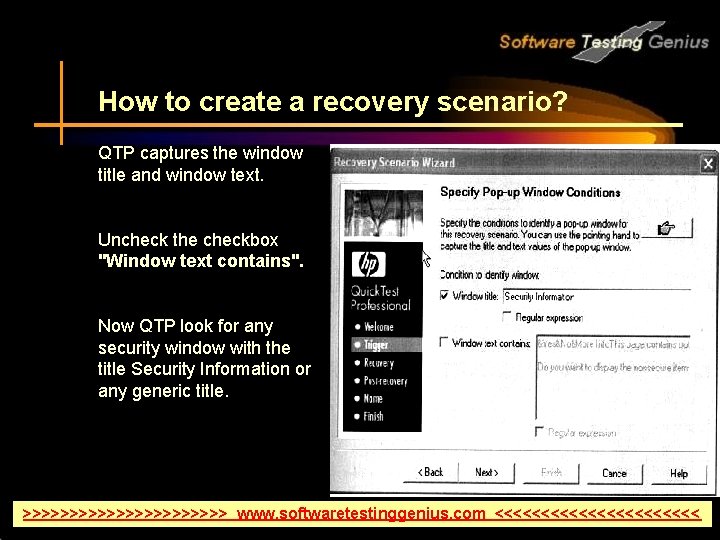 How to create a recovery scenario? QTP captures the window title and window text.