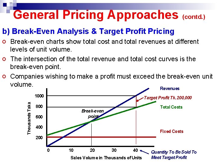 General Pricing Approaches (contd. ) b) Break-Even Analysis & Target Profit Pricing o Break-even