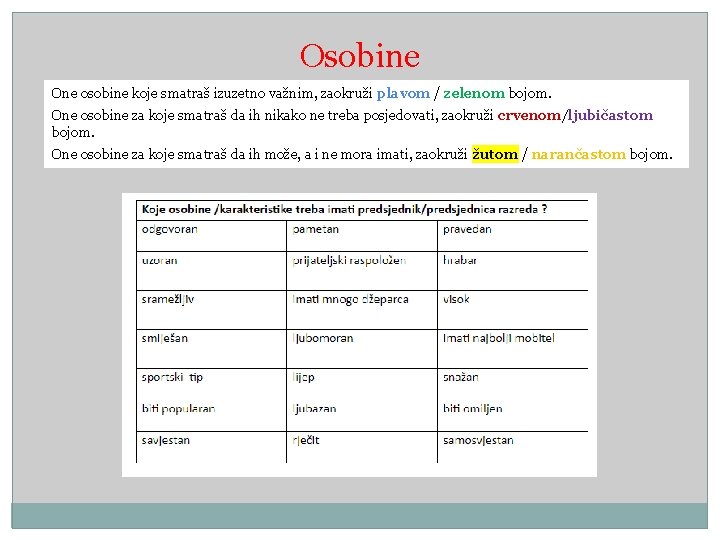 Osobine One osobine koje smatraš izuzetno važnim, zaokruži plavom / zelenom bojom. One osobine