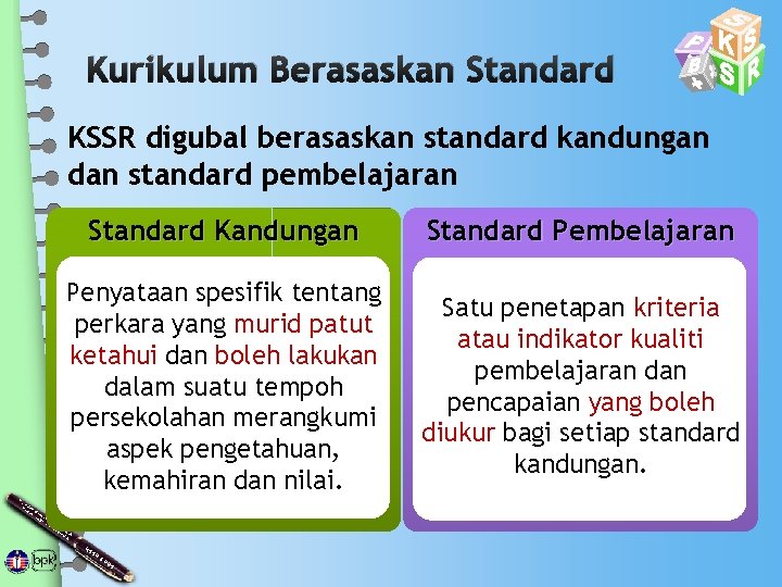 Kurikulum Berasaskan Standard KSSR digubal berasaskan standard kandungan dan standard pembelajaran Standard Kandungan Standard