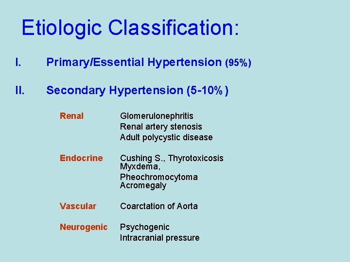 Etiologic Classification: I. Primary/Essential Hypertension (95%) II. Secondary Hypertension (5 -10%) Renal Glomerulonephritis Renal