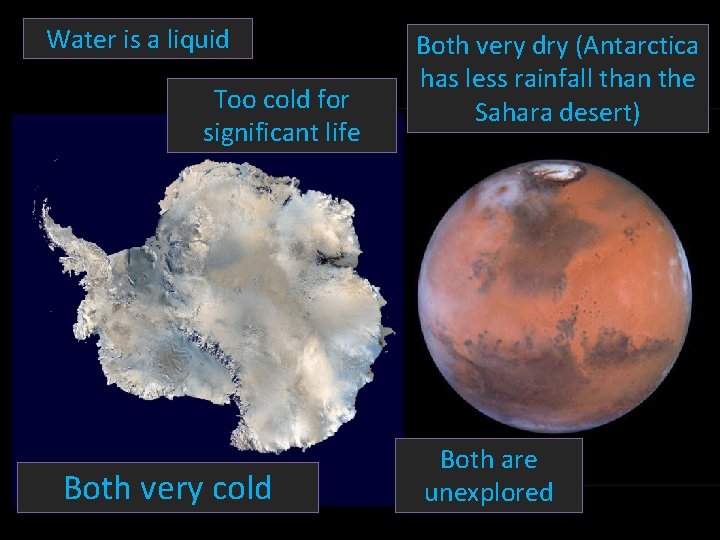 Water is a liquid Too cold for significant life Both very cold Both very