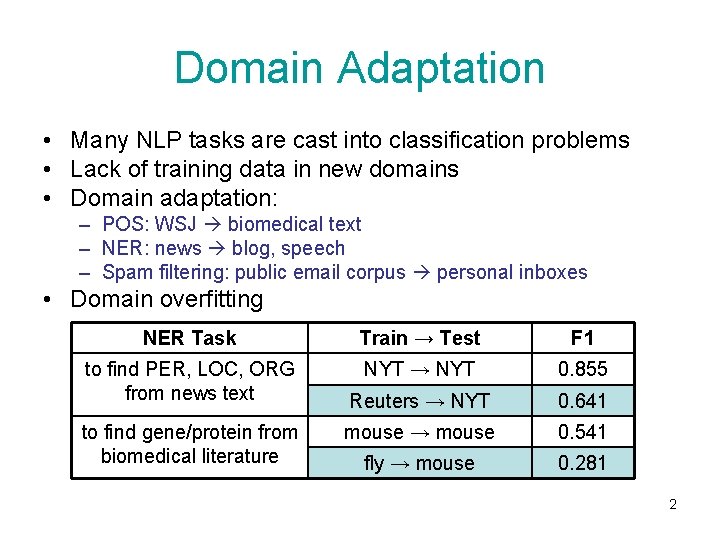 Domain Adaptation • Many NLP tasks are cast into classification problems • Lack of