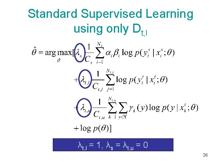 Standard Supervised Learning using only Dt, l λt, l = 1, λs = λt,