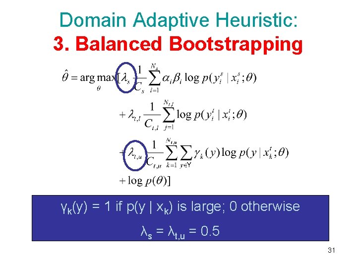 Domain Adaptive Heuristic: 3. Balanced Bootstrapping γk(y) = 1 if p(y | xk) is