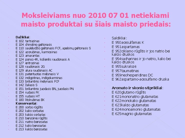 Moksleiviams nuo 2010 07 01 netiekiami maisto produktai su šiais maisto priedais: Dažikliai: E Moksleiviams nuo 2010 07 01 netiekiami maisto produktai su šiais maisto priedais: Dažikliai: E