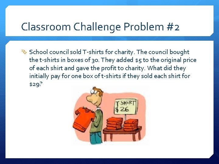 Classroom Challenge Problem #2 School council sold T-shirts for charity. The council bought the