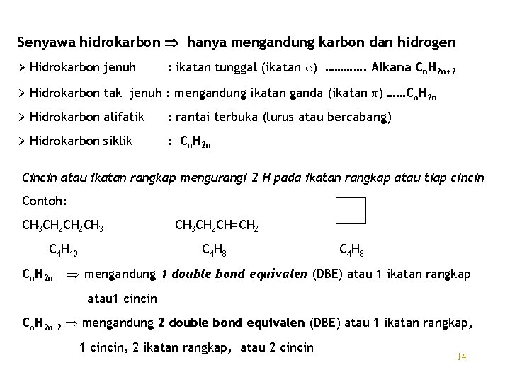 Senyawa hidrokarbon hanya mengandung karbon dan hidrogen : ikatan tunggal (ikatan s) …………. Alkana