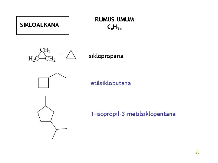 SIKLOALKANA RUMUS UMUM Cn. H 2 n siklopropana etilsiklobutana 1 -isopropil-3 -metilsiklopentana 23 