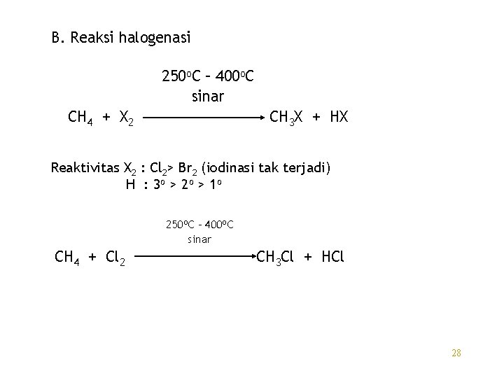 B. Reaksi halogenasi 250 o. C – 400 o. C sinar CH 4 +