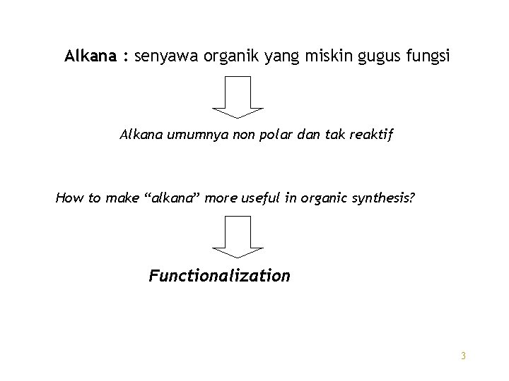 Alkana : senyawa organik yang miskin gugus fungsi Alkana umumnya non polar dan tak