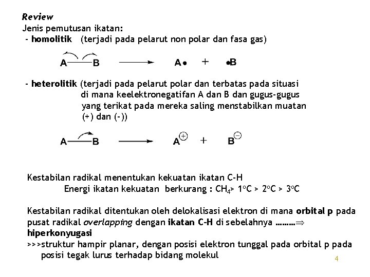 Review Jenis pemutusan ikatan: - homolitik (terjadi pada pelarut non polar dan fasa gas)