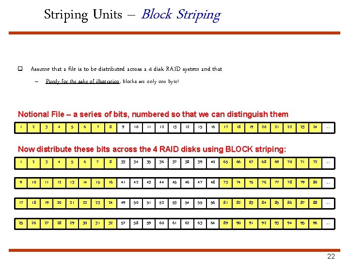 Striping Units – Block Striping q Assume that a file is to be distributed