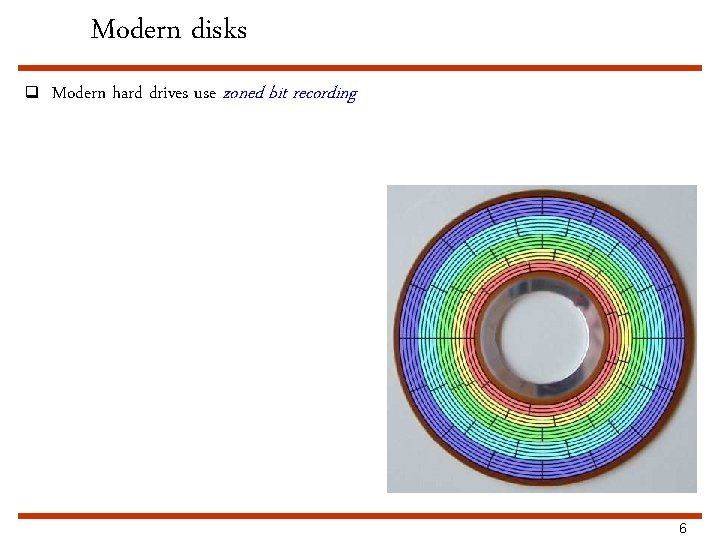 Modern disks q Modern hard drives use zoned bit recording 6 