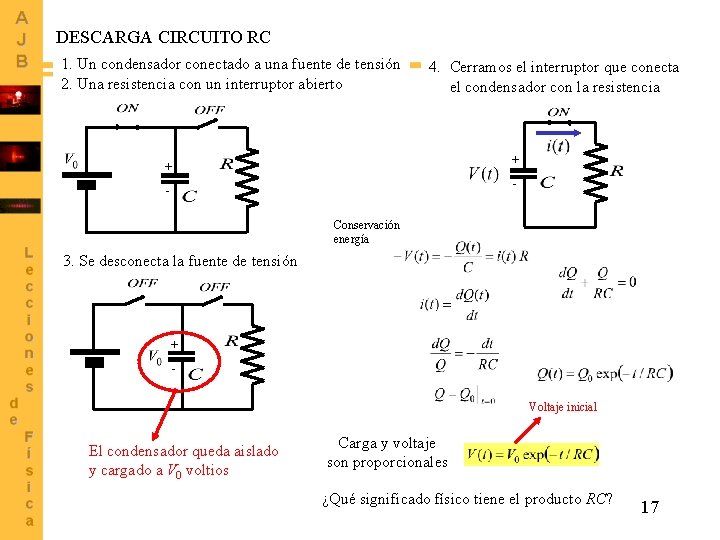 DESCARGA CIRCUITO RC 1. Un condensador conectado a una fuente de tensión 2. Una