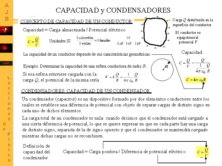 CAPACIDAD y CONDENSADORES CONCEPTO DE CAPACIDAD DE UN CONDUCTOR Capacidad = Carga almacenada /