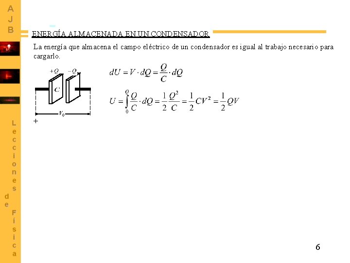 ENERGÍA ALMACENADA EN UN CONDENSADOR La energía que almacena el campo eléctrico de un