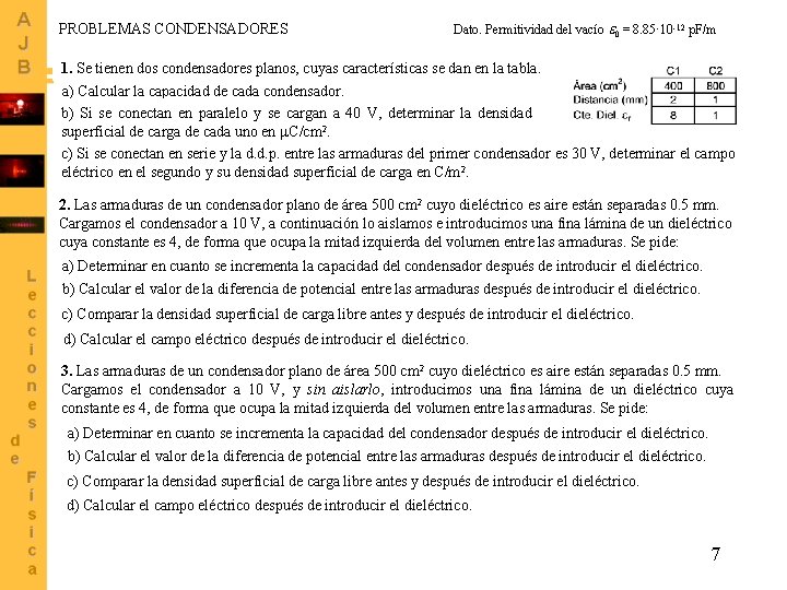 PROBLEMAS CONDENSADORES Dato. Permitividad del vacío 0 = 8. 85· 10 -12 p. F/m