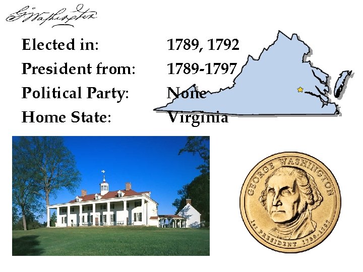 Elected in: 1789, 1792 President from: 1789 -1797 Political Party: Home State: None Virginia Elected in: 1789, 1792 President from: 1789 -1797 Political Party: Home State: None Virginia