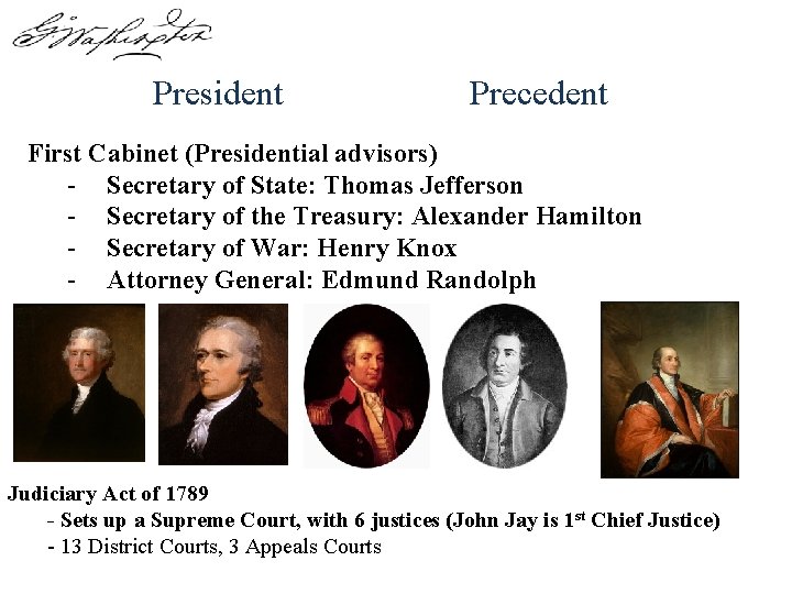 President Precedent First Cabinet (Presidential advisors) - Secretary of State: Thomas Jefferson - Secretary President Precedent First Cabinet (Presidential advisors) - Secretary of State: Thomas Jefferson - Secretary