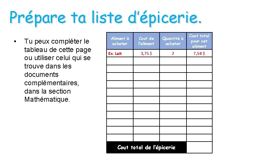 Prépare ta liste d’épicerie. • Tu peux compléter le tableau de cette page ou