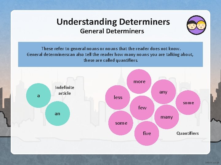 Understanding Determiners General Determiners These refer to general nouns or nouns that the reader