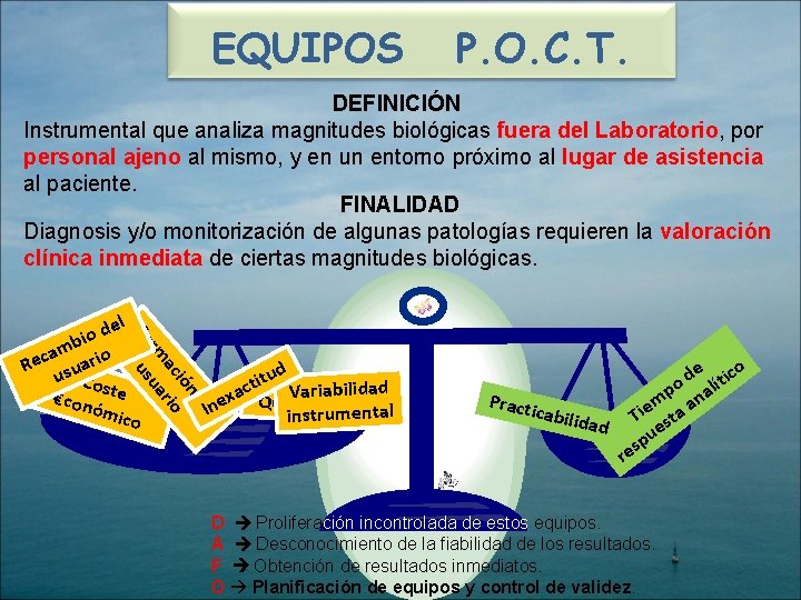 EQUIPOS P. O. C. T. DEFINICIÓN Instrumental que analiza magnitudes biológicas fuera del Laboratorio,