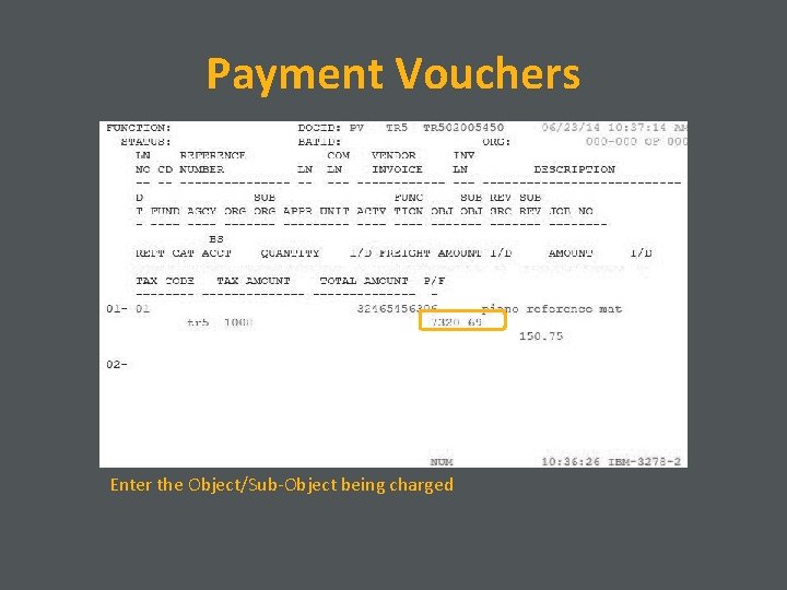 Payment Vouchers Enter the Object/Sub-Object being charged 