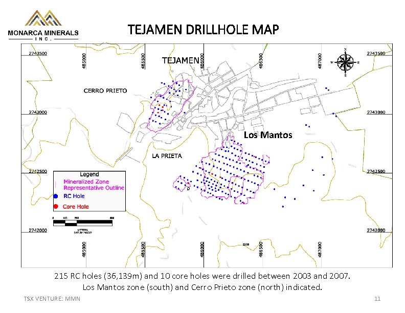 TEJAMEN DRILLHOLE MAP Los Mantos 215 RC holes (36, 139 m) and 10 core