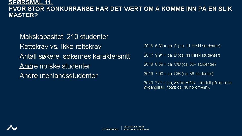 SPØRSMÅL 11. HVOR STOR KONKURRANSE HAR DET VÆRT OM Å KOMME INN PÅ EN