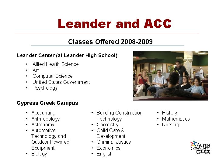 Leander and ACC Classes Offered 2008 -2009 Leander Center (at Leander High School) •