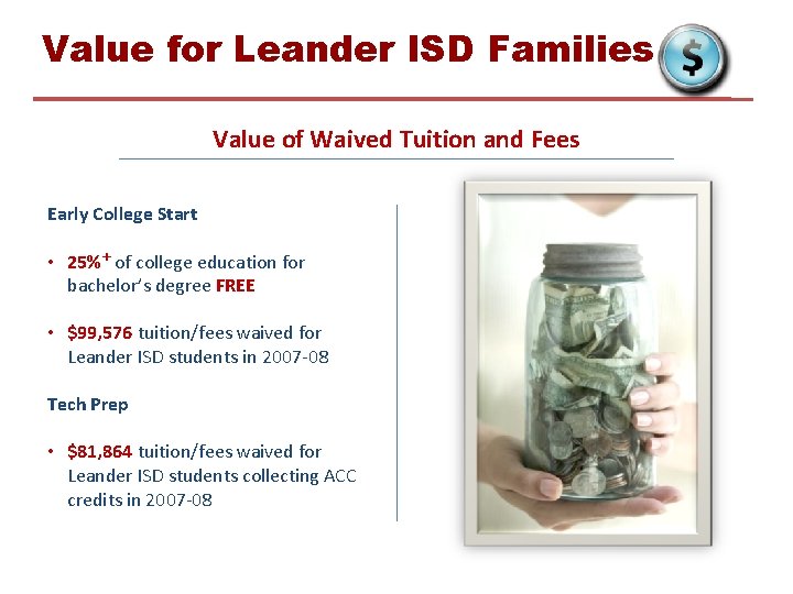 Value for Leander ISD Families Value of Waived Tuition and Fees Early College Start