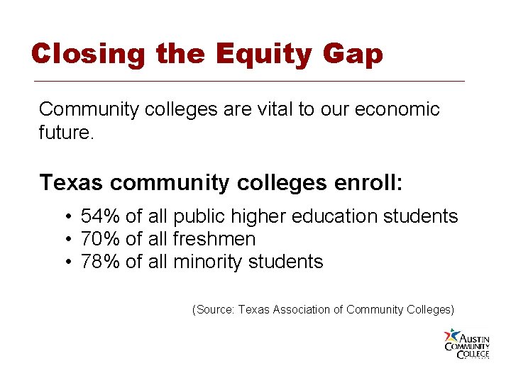 Closing the Equity Gap Community colleges are vital to our economic future. Texas community