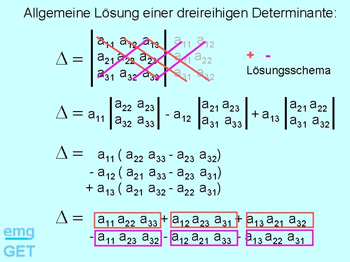 Allgemeine Lösung einer dreireihigen Determinante: D= a 11 a 12 a 13 a 21