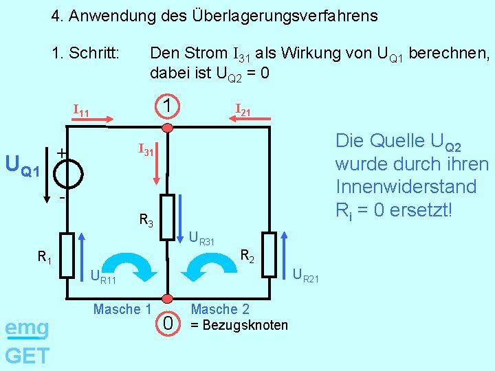 4. Anwendung des Überlagerungsverfahrens 1. Schritt: Den Strom I 31 als Wirkung von UQ