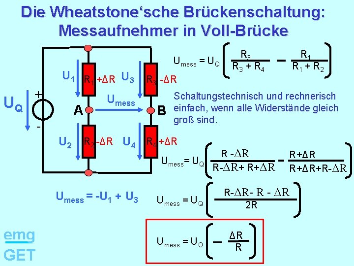 Die Wheatstone‘sche Brückenschaltung: Messaufnehmer in Voll-Brücke Umess = UQ U 1 R 1 +ΔR