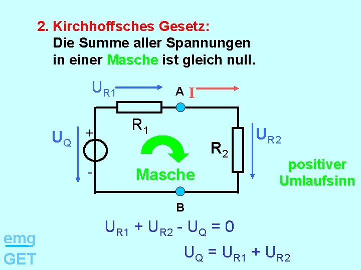2. Kirchhoffsches Gesetz: Die Summe aller Spannungen in einer Masche ist gleich null. UR