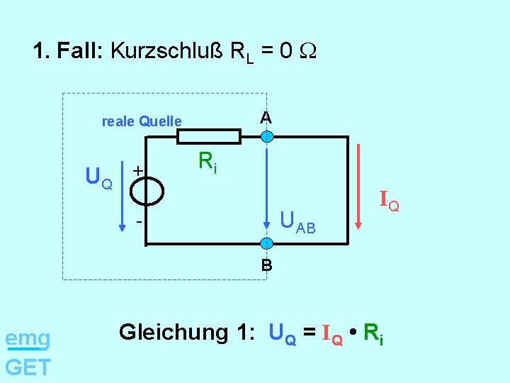 1. Fall: Kurzschluß RL = 0 A reale Quelle UQ + Ri UAB -