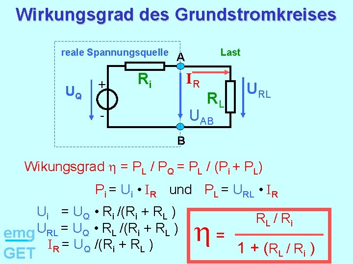 Wirkungsgrad des Grundstromkreises reale Spannungsquelle UQ + Last A IR Ri RL UAB B