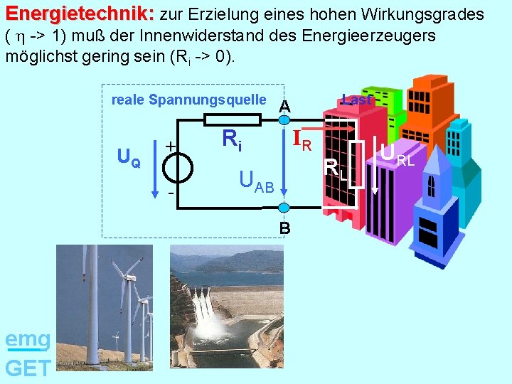Energietechnik: zur Erzielung eines hohen Wirkungsgrades ( h -> 1) muß der Innenwiderstand des