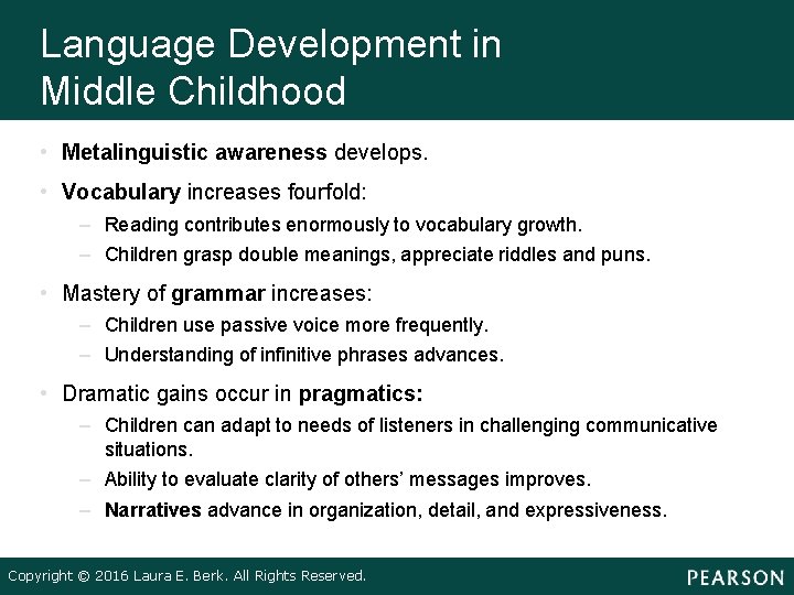 Language Development in Middle Childhood • Metalinguistic awareness develops. • Vocabulary increases fourfold: –