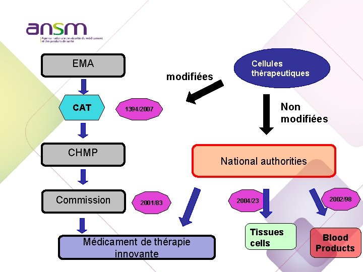 EMA modifiées CAT Non modifiées 1394/2007 CHMP Commission Cellules thérapeutiques National authorities 2001/83 Médicament