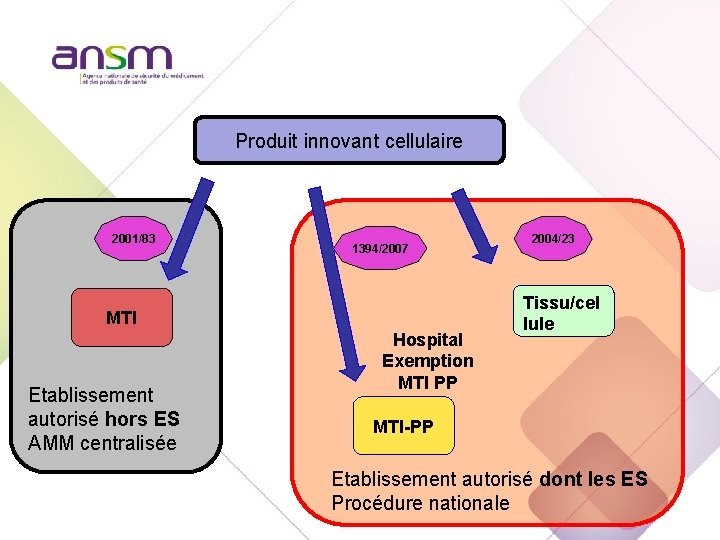 Produit innovant cellulaire 2001/83 1394/2007 MTI Etablissement autorisé hors ES AMM centralisée Hospital Exemption