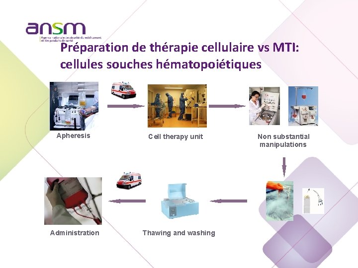 Préparation de thérapie cellulaire vs MTI: cellules souches hématopoiétiques Apheresis Administration Cell therapy unit