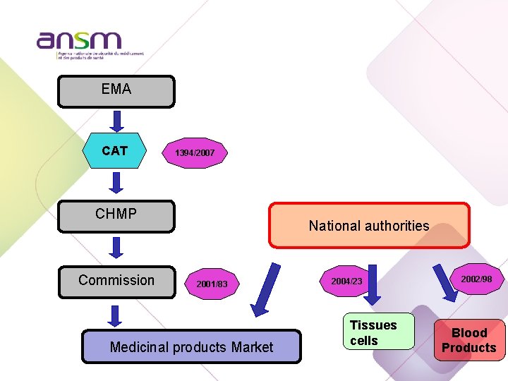 EMA CAT 1394/2007 CHMP Commission National authorities 2001/83 Medicinal products Market 2004/23 Tissues cells