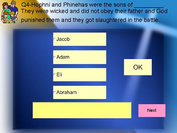 Q 4 -Hophni and Phinehas were the sons of _____. They were wicked and