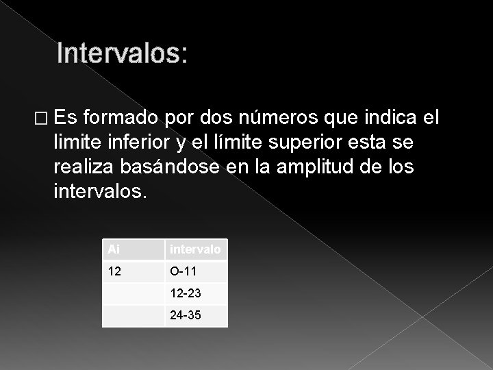 Intervalos: � Es formado por dos números que indica el limite inferior y el