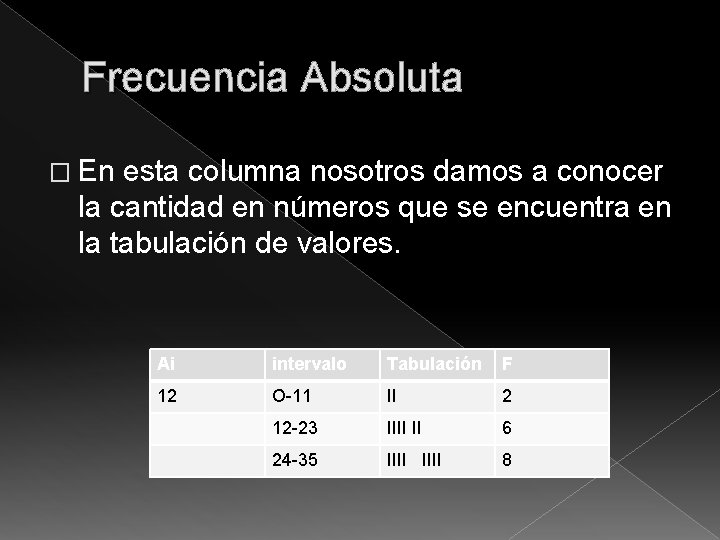 Frecuencia Absoluta � En esta columna nosotros damos a conocer la cantidad en números